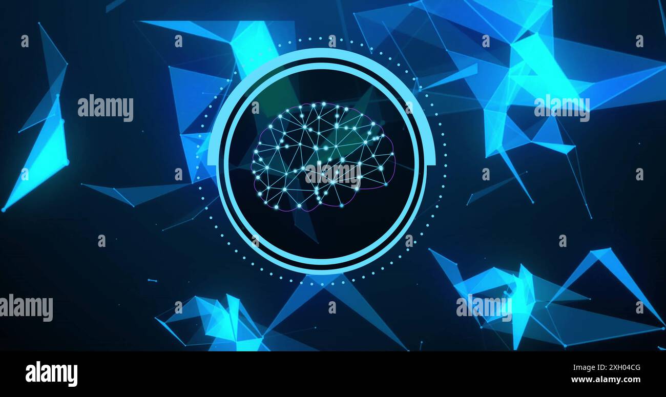 Image of human brain and ai data processing over black background ...