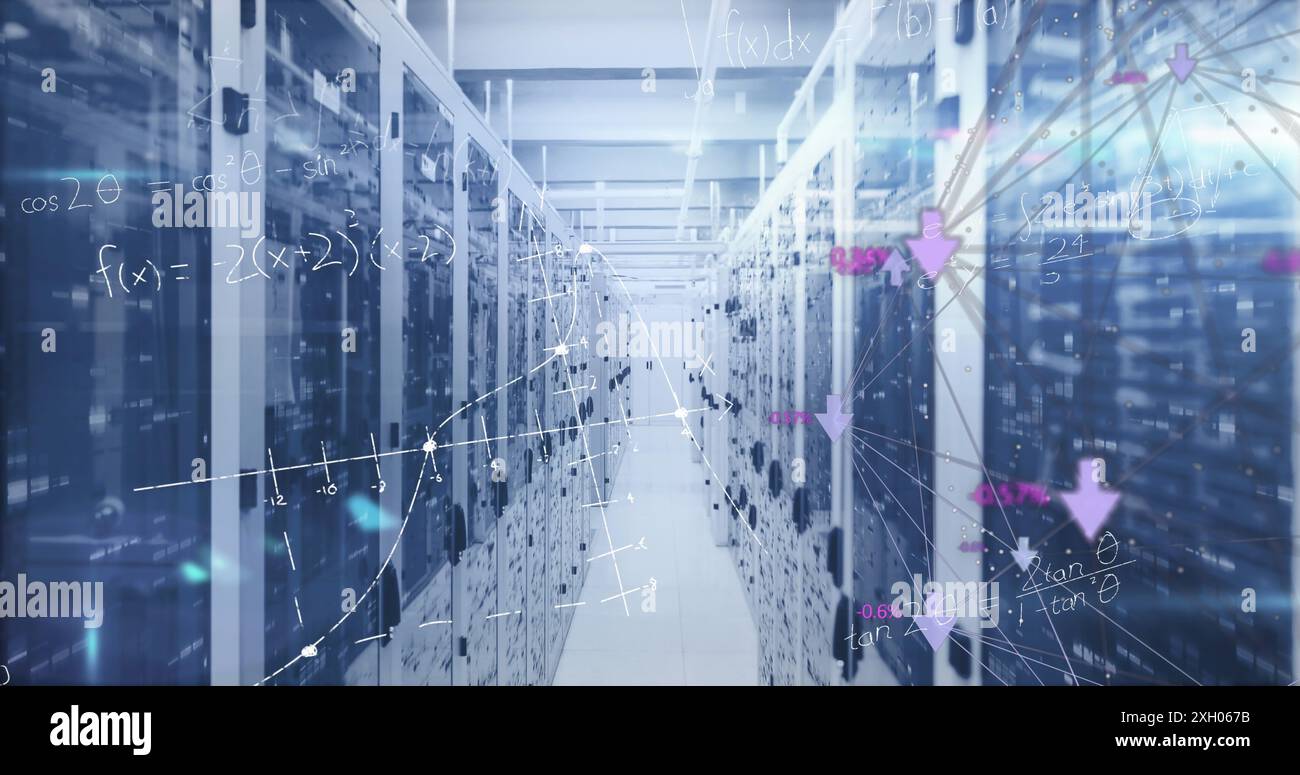Image of mathematical equations and data processing over computer servers. Global computing and data processing concept digitally generated image. Stock Photo