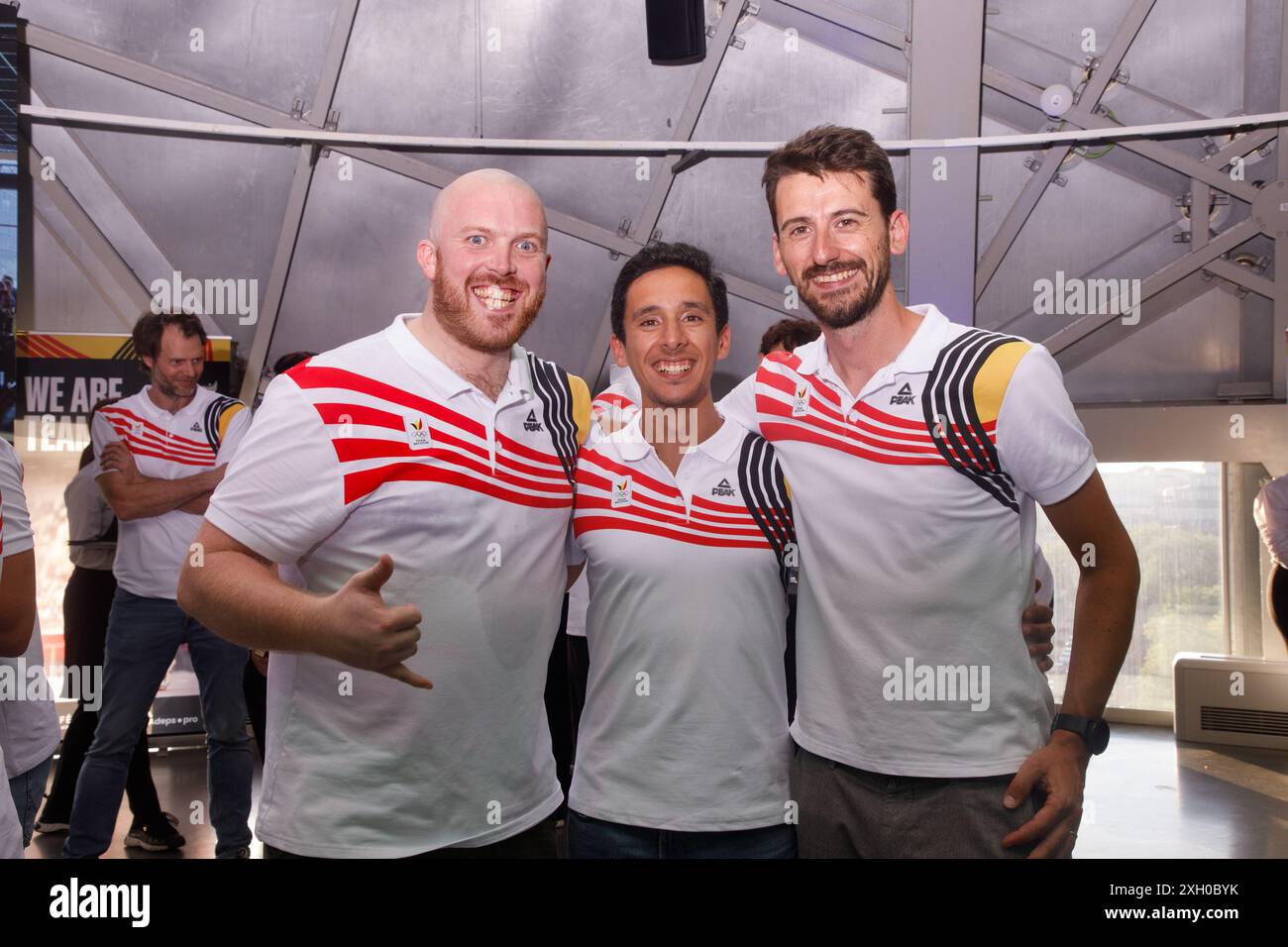 Brussels, Belgium. 10th July, 2024. Belgian team community manager Benjamin Wery, Belgian team content creator Adil Nakhel and Belgian team press manager Matthias Van Baelen pose for the photographer during a press moment of the BOIC-COIB with all selected athletes for the 2024 Paris Olympics, Wednesday 10 July 2024 in front of the Atomium in Brussels. BELGA PHOTO HATIM KAGHAT Credit: Belga News Agency/Alamy Live News Stock Photo