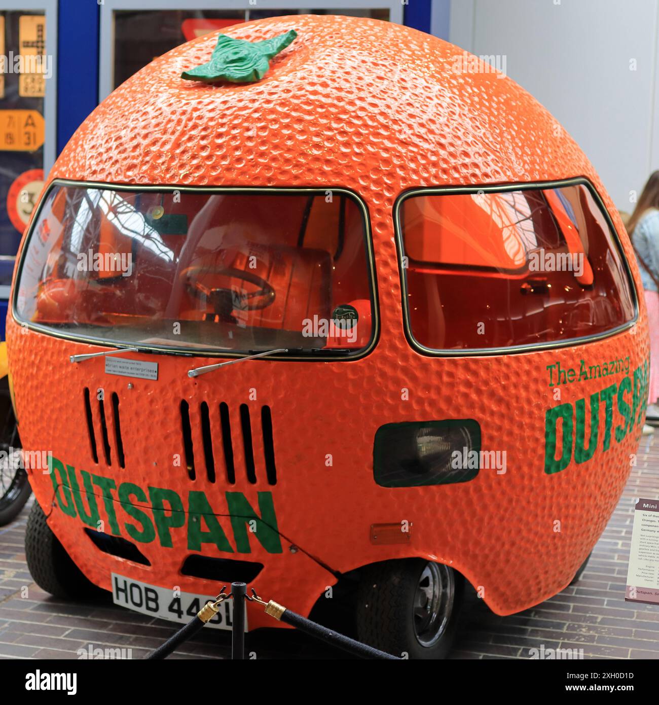 Beaulieu, Brockenhurst, England. 30 June 2024. National Motor Museum, Beaulieu. The Mini Outspan Orange, c1972, built using many mini parts and used for advertising. Stock Photo