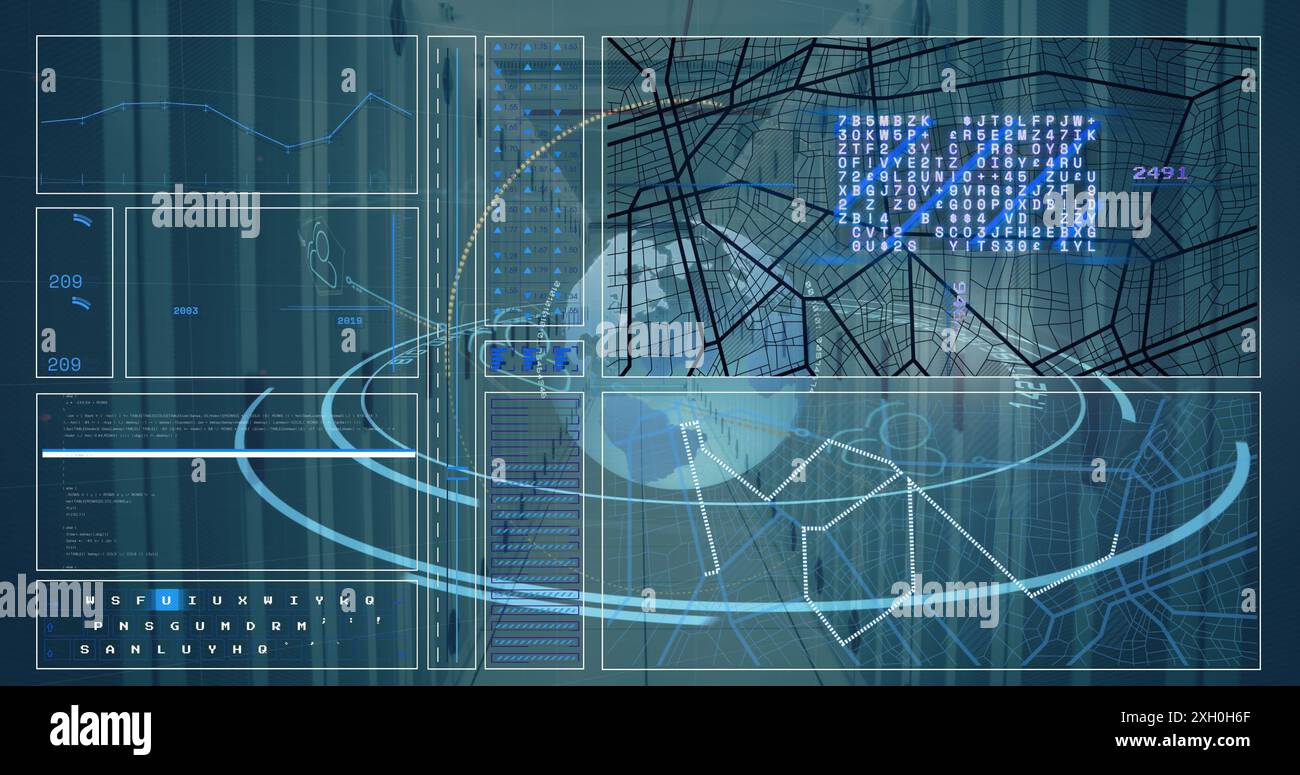 Image of scope scanning with globe and data processing over server room ...