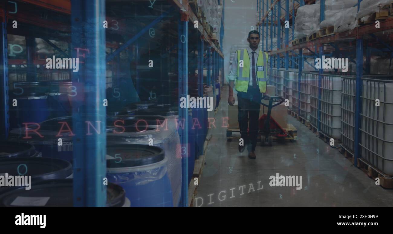Image of data processing over caucasian male worker in warehouse. Global business and digital interface concept digitally generated image. Stock Photo