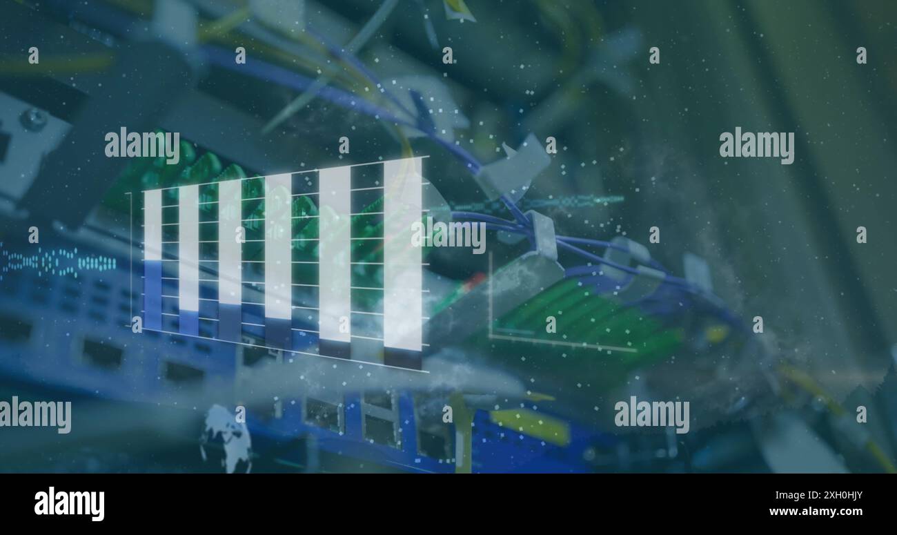Image of data processing and white particles spinning against close up ...