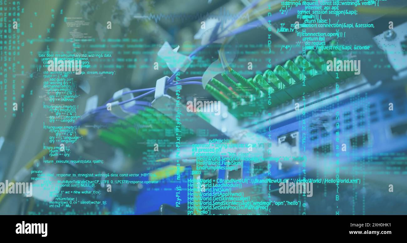 Image of data processing against close up of computer server. Computer interface and business data technology concept Stock Photo