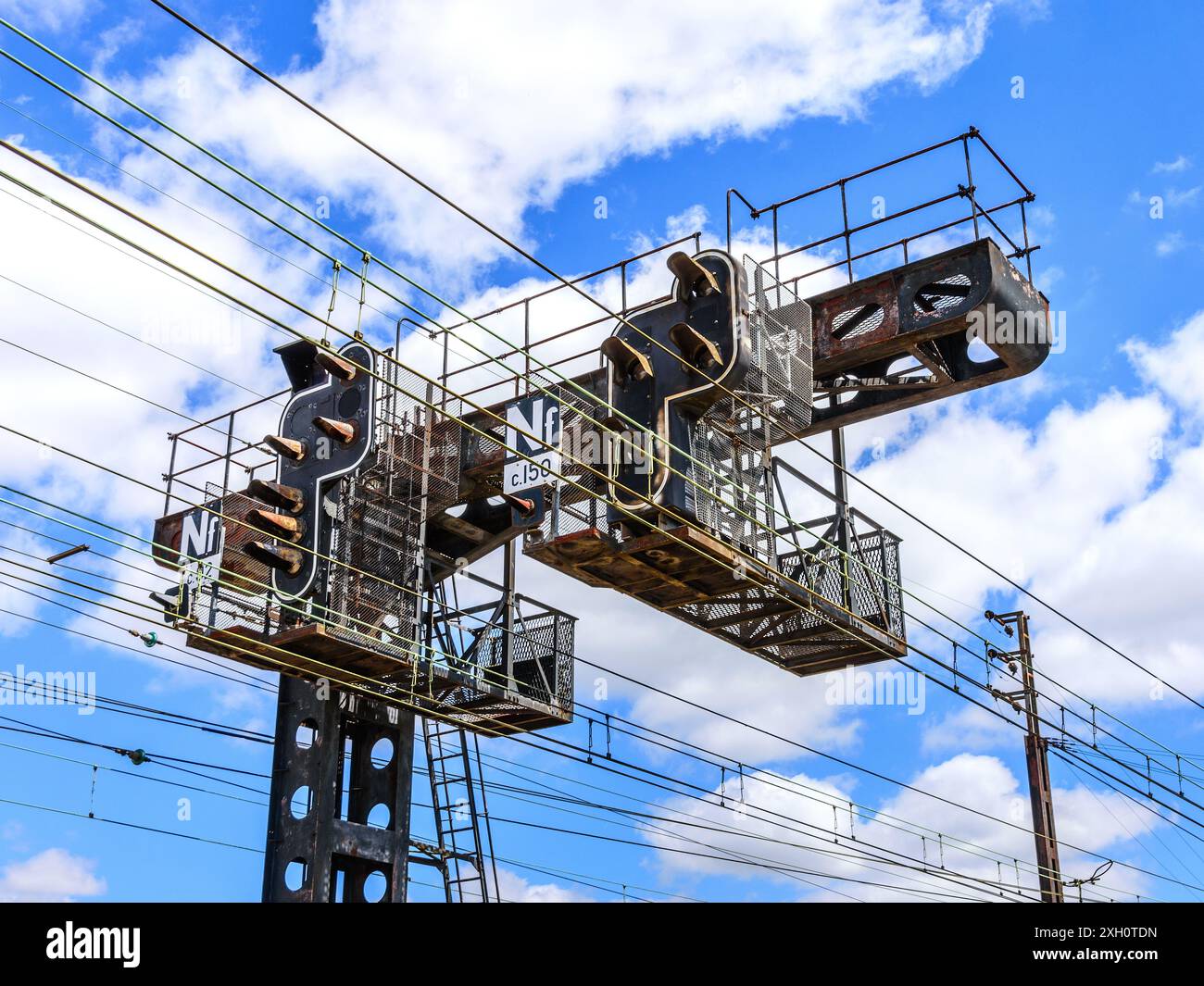 Rusting signal gantry at Saint-Pierre-des-Corps railway station, Tours, Indre-et-Loire (37), France. Stock Photo