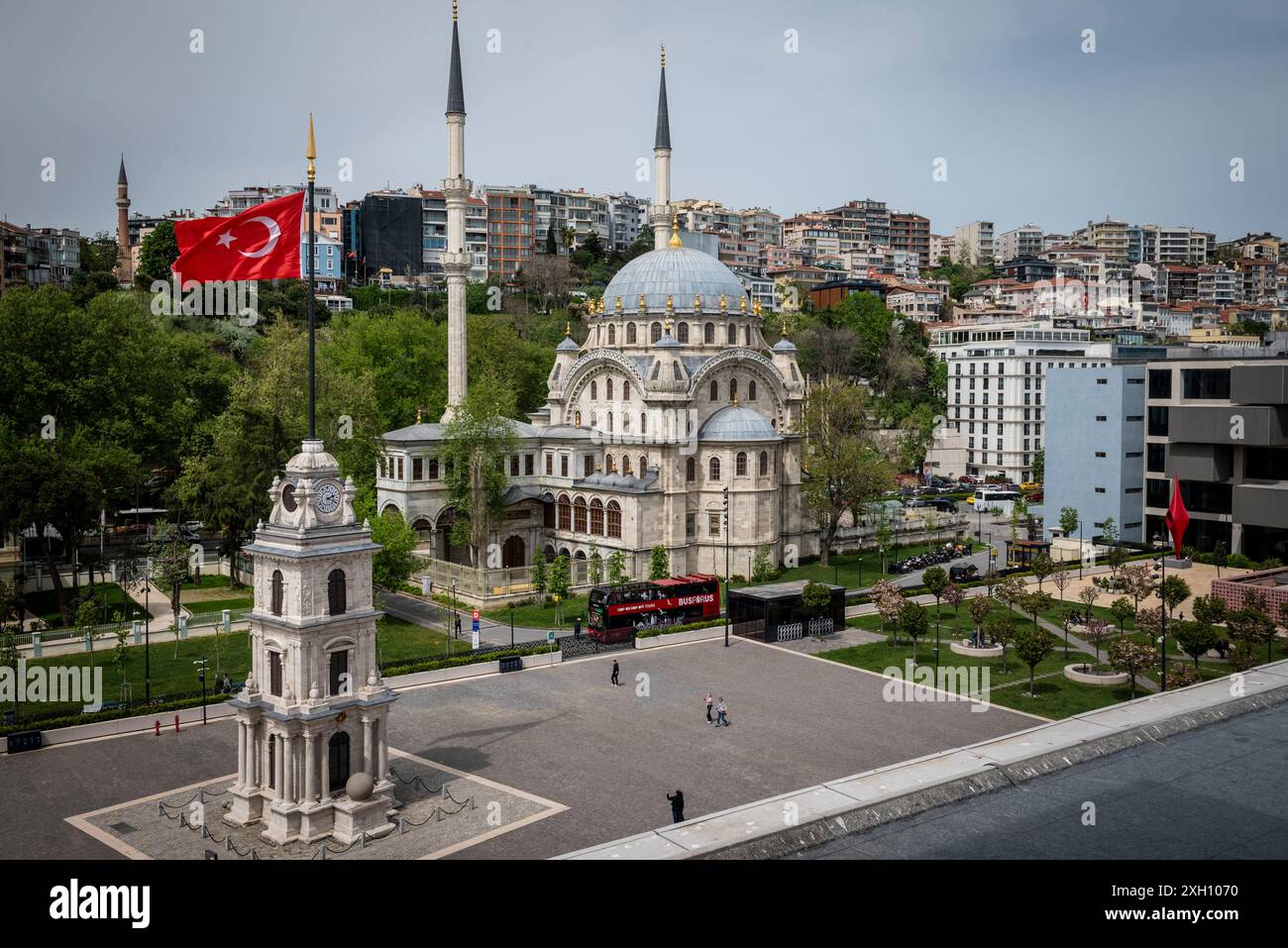 Nusretiye Mosque, an ornate mosque located in Tophane district of Beyoğlu, built in 1823–1826 by Sultan Mahmud II and Tophane Clock Tower, Istanbul, T Stock Photo