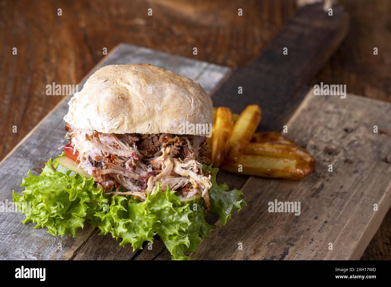 Pulled pork in a bun with fries Stock Photo
