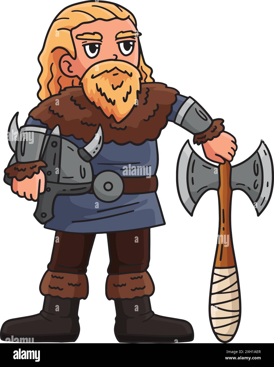 Viking Holding an Axe and Helmet Cartoon Clipart Stock Vector