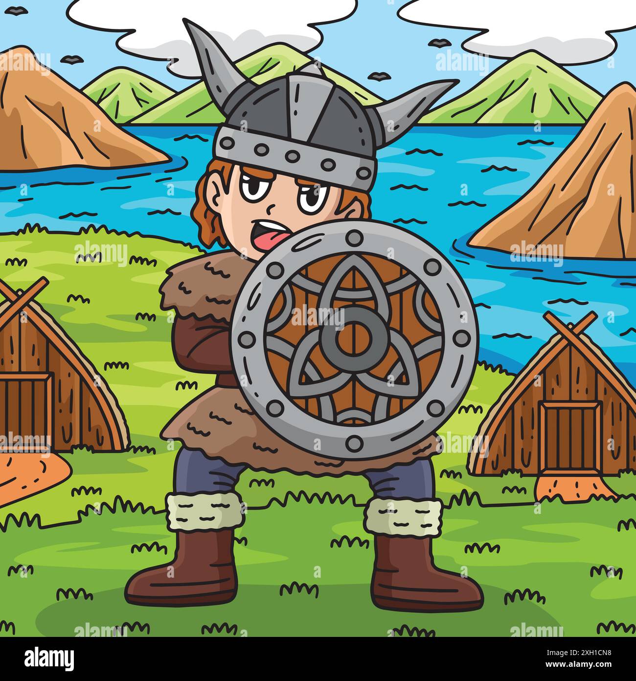 Viking with a Shield Colored Cartoon Illustration Stock Vector