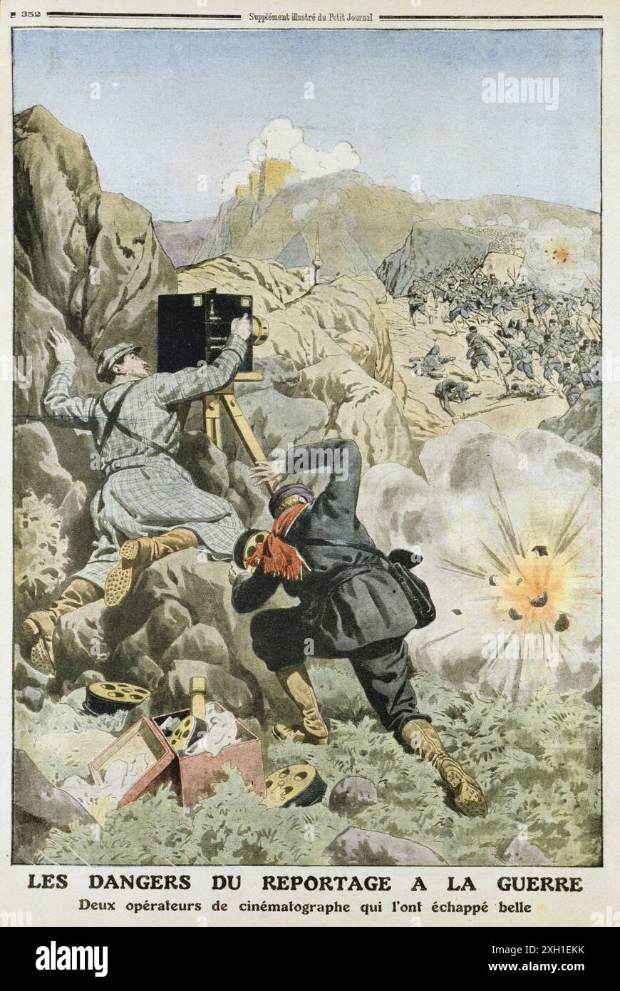 Cameramen under fire while filming an engagement while reporting on the First Balkan War, 1912-1913.  This war was between the Balkan League (Bulgaria, Greece, Serbia and Montenegro) against  the Turks (Ottoman Empire) an their repressive policies. From 'Le Petit Journal', (Paris, 3 November 1912). Print. Halftone. Stock Photo