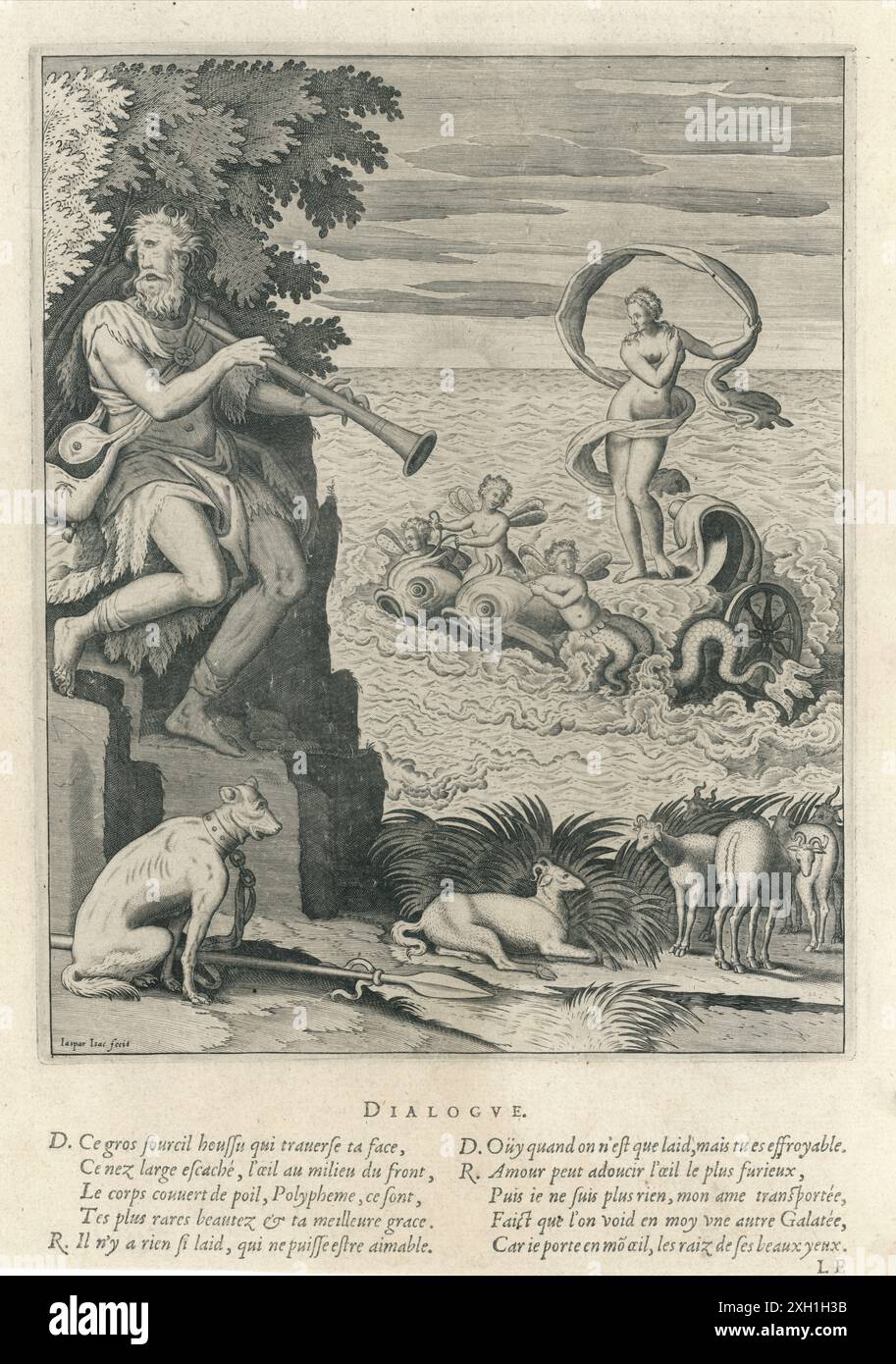 The Cyclops Polyphemus watching the nymph Galatea, with whom he is in love.  Engraving published in the book 'Les Images, ou Tableaux de platte peinture des deux Philostrates,... et les Statues de Callistrate, mis en françois par Blaise de Vigénère,... enrichis d'arguments et d'annotations, reveus et corrigez sur l'original par un docte personnage de ce temps en la langue grecque... avec des épigrammes sur chacun d'iceux par Artus Thomas, sieur d'Embry'. 1637 edition Stock Photo