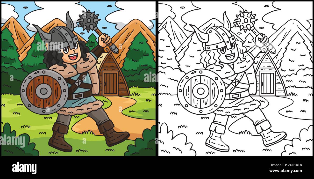 Viking with Mace and Shield Coloring Illustration Stock Vector