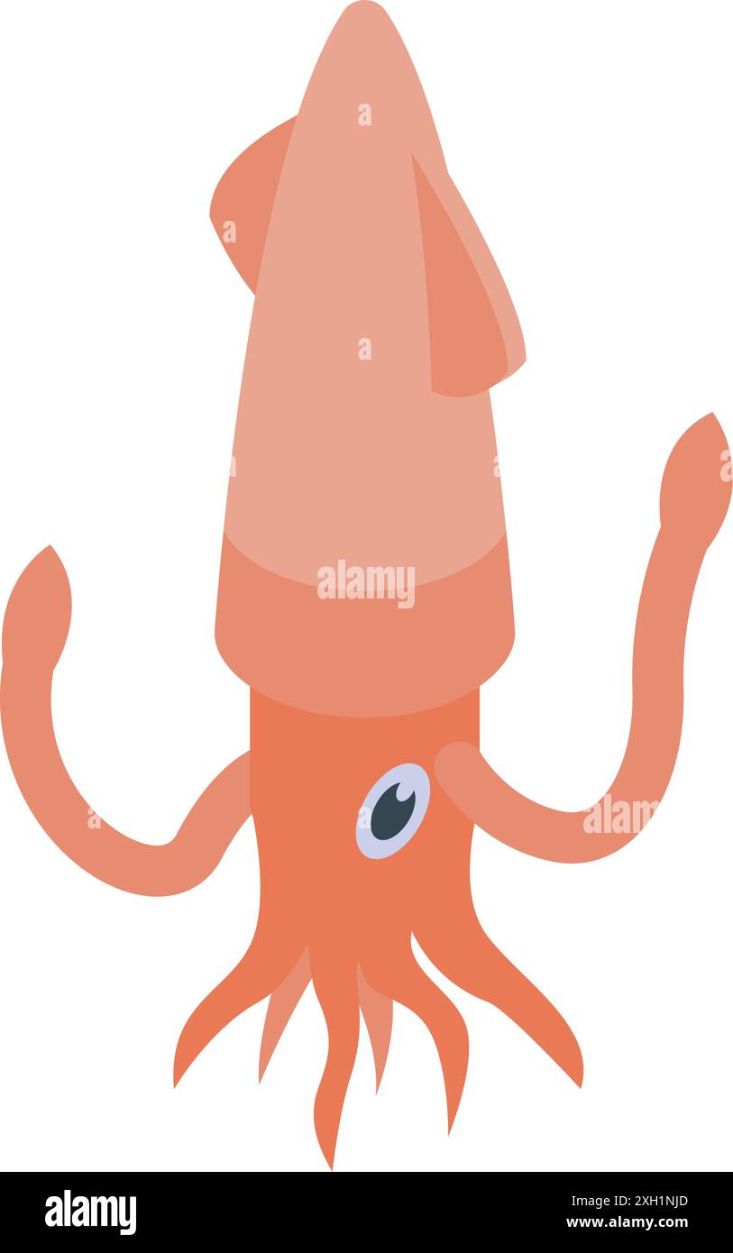 Giant squid with big eyes and long tentacles swimming in the ocean depths Stock Vector