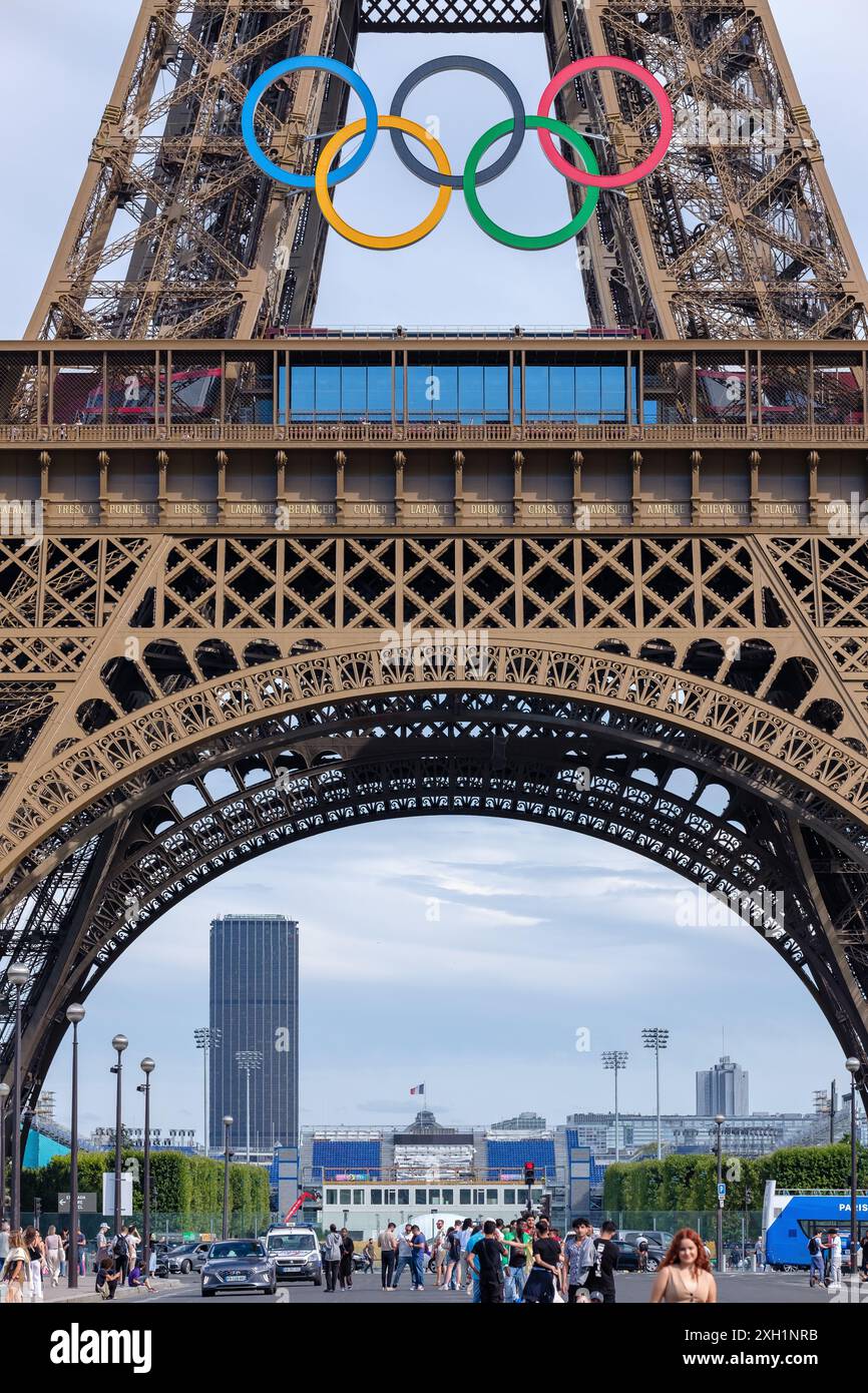 Paris, France - July 5, 2024 : Close up view of the majestic Eiffel Tower decorated with the Olympic rings in Paris France Stock Photo