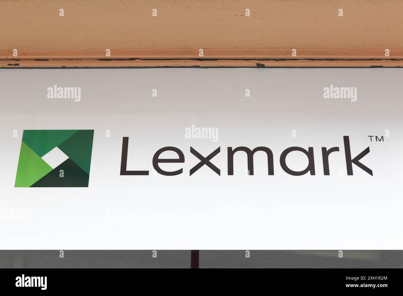 Macon, France - May 27, 2018:Lexmark logo on a wall.Lexmark is a privately held American company that manufactures laser printers and imaging products Stock Photo