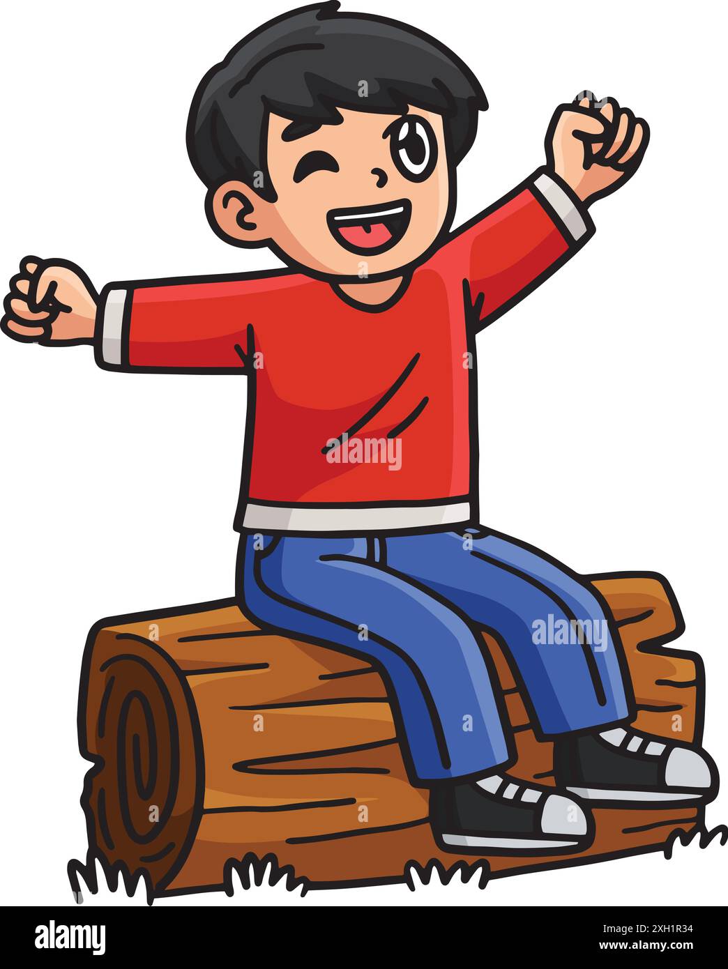 Happy Boy Sitting on the Log Cartoon Clipart Stock Vector Image & Art