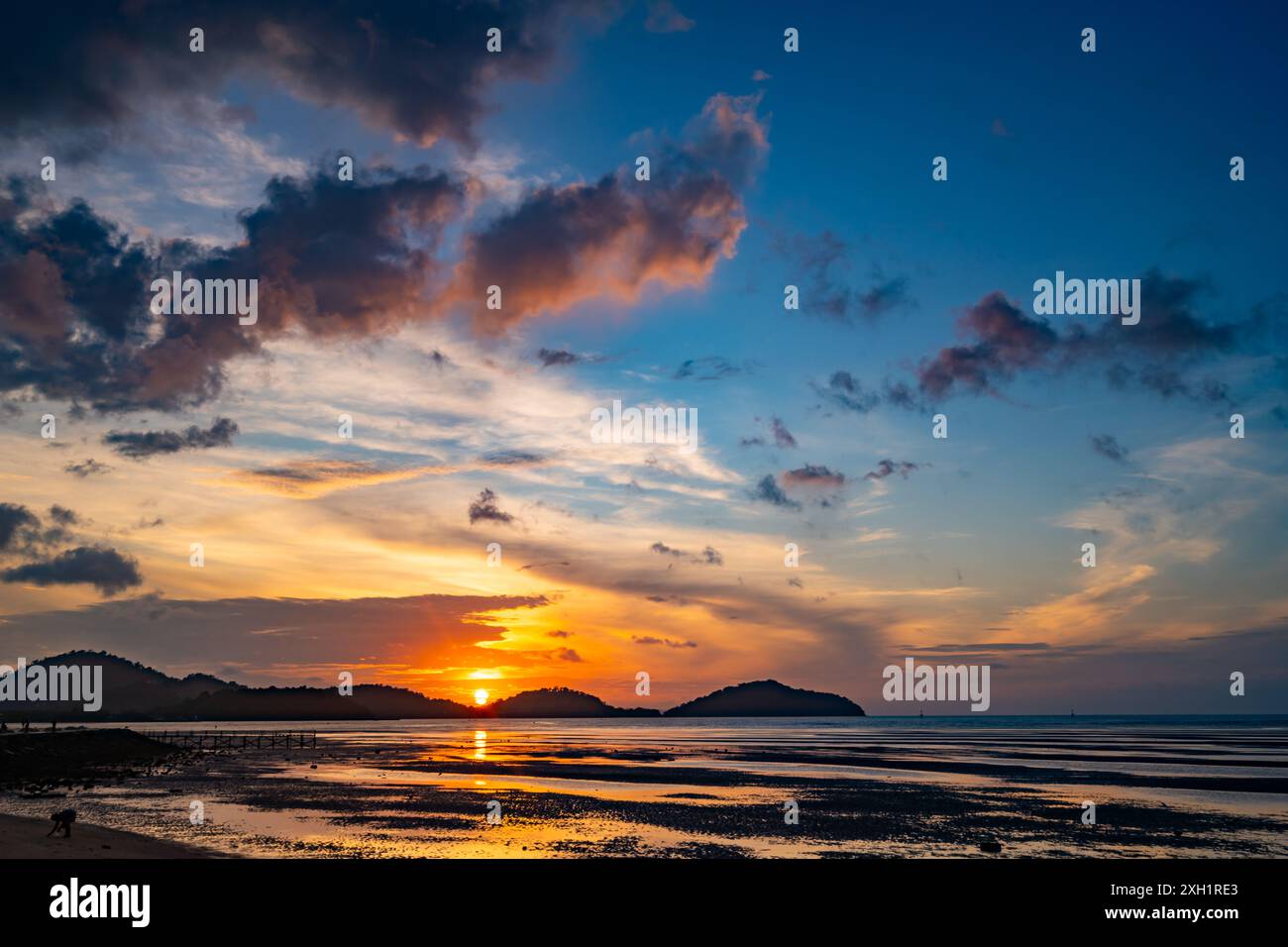 Landscape Long exposure of majestic clouds in the sky sunset or sunrise over sea with reflection in the tropical sea.Beautiful cloudscape scenery.Amaz Stock Photo