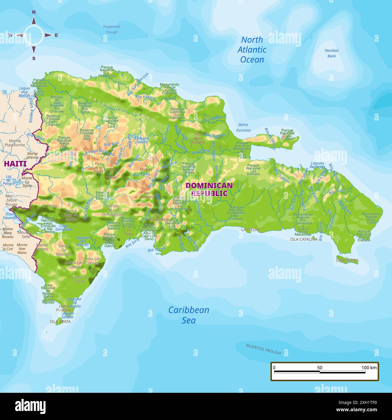 Detailed Road And Physical Map Of Dominican Republic Dominican Dominican Republic Physical Map With National Borders Rivers And Lakes Mountains Parks Labeling 2XH1TF0
