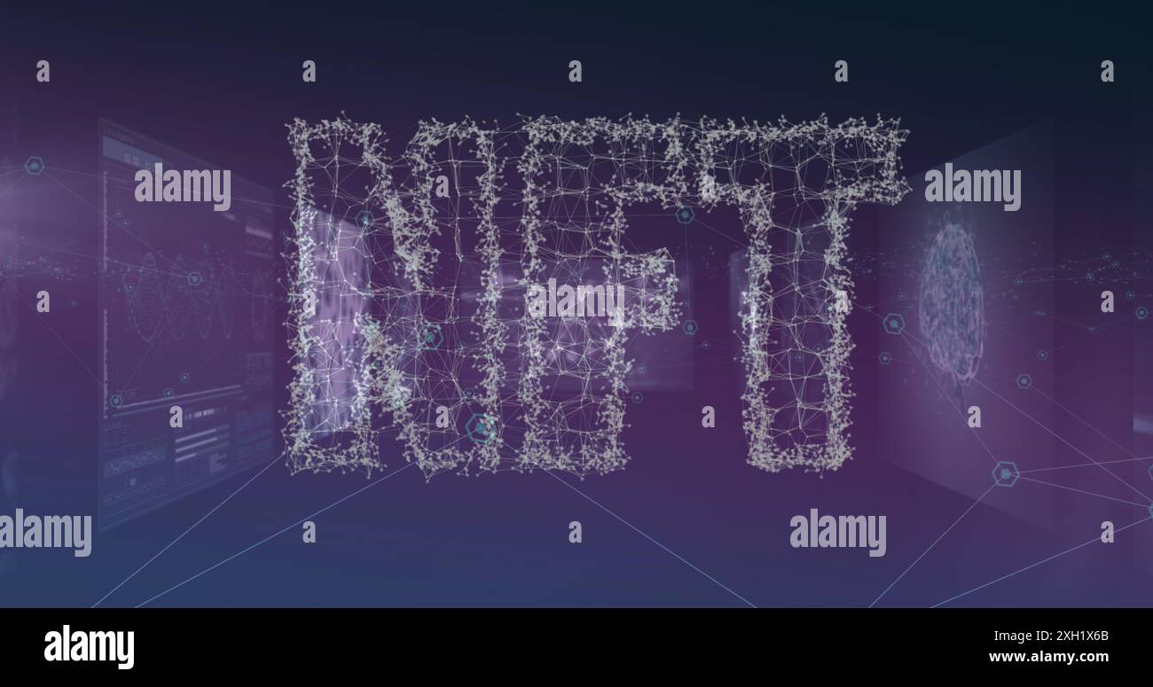 Image of nft over digital screens with data on violet background. Network, data processing and technology concept digitally generated image. Stock Photo
