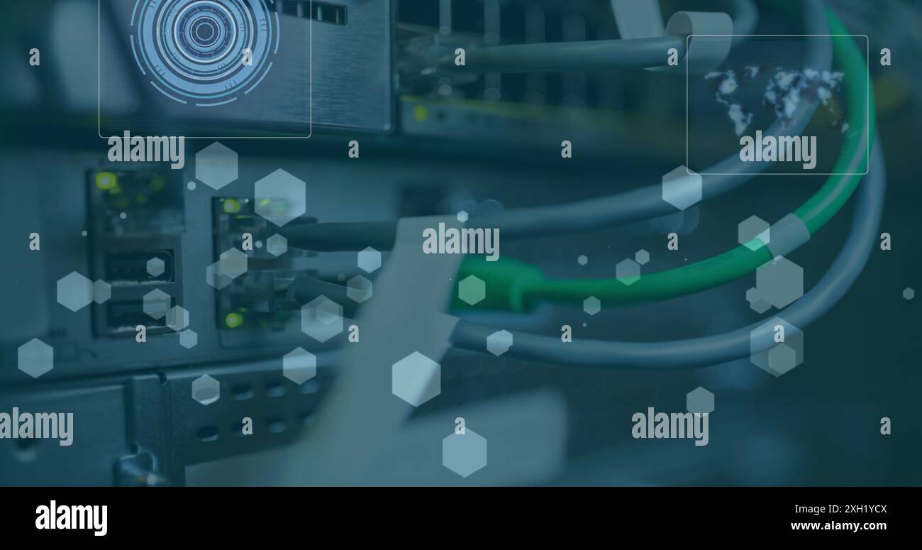 Image of round scanners and hexagonal shapes floating against close up ...
