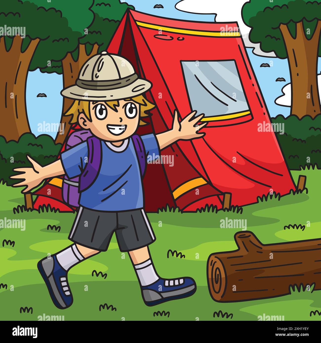 Camping Camper In Front of Tent Colored Cartoon Stock Vector Image ...