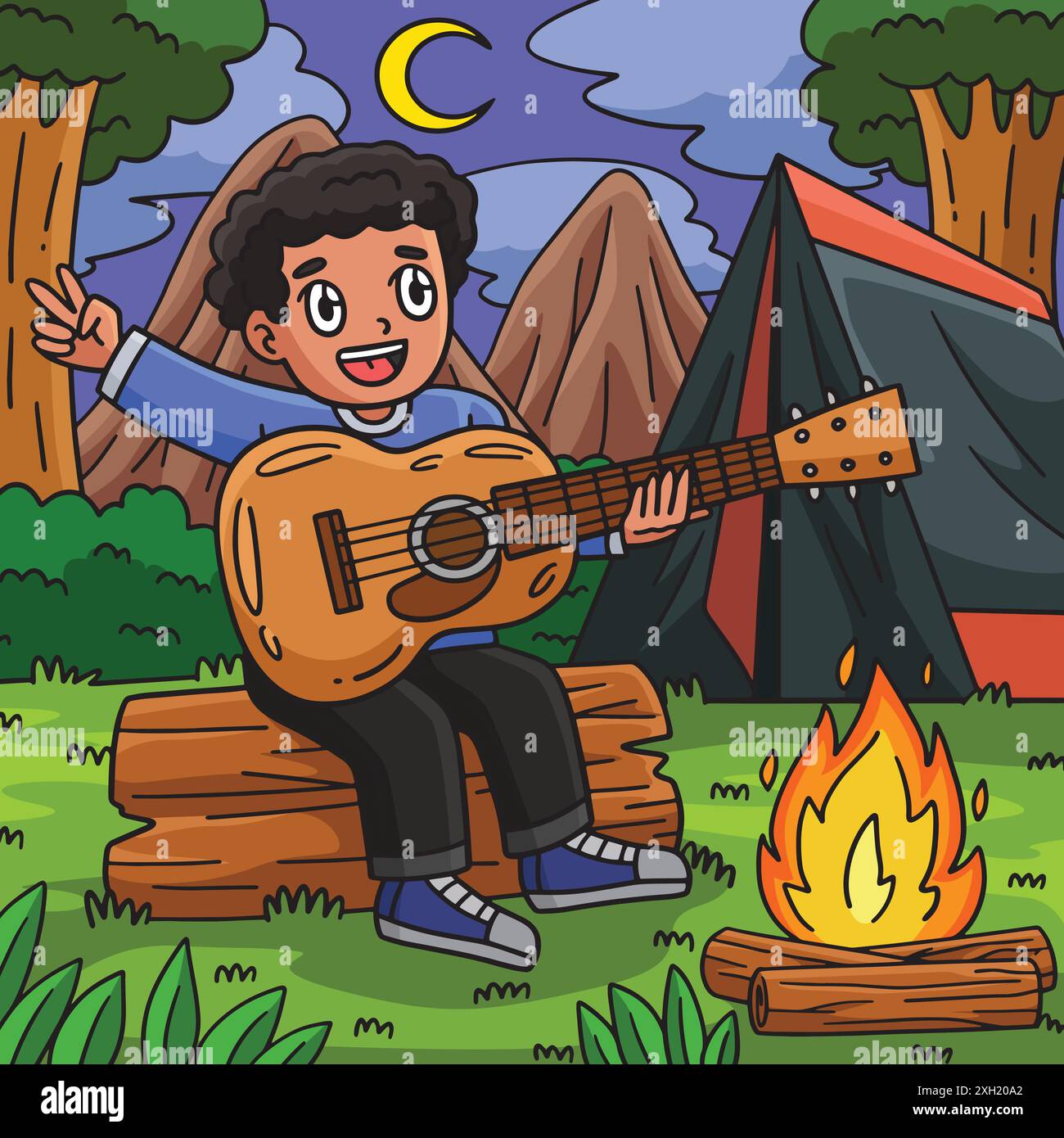 Camping Camper Playing Guitar Colored Cartoon Stock Vector Image & Art ...