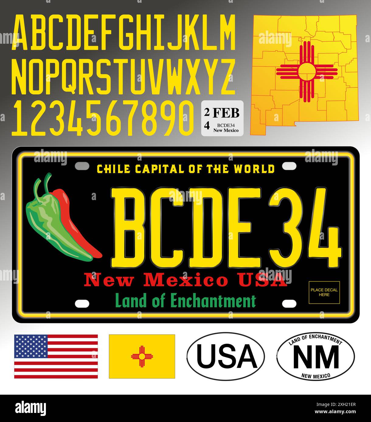 New Mexico car chili black style - New Mexico Car Chili Black Style License Plate Letters Numbers And Symbols Vector Illustration Usa United States 2XH21ER 