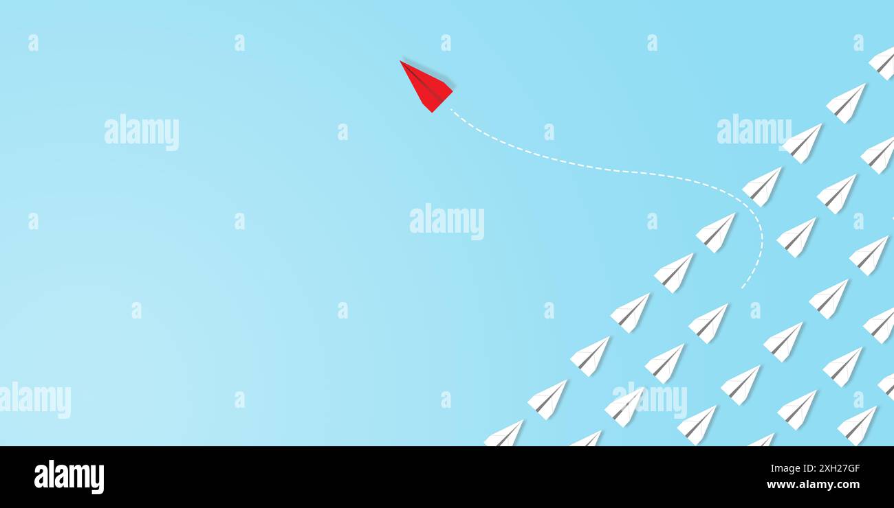 Group of white paper plane in one direction and one red paper plane ...