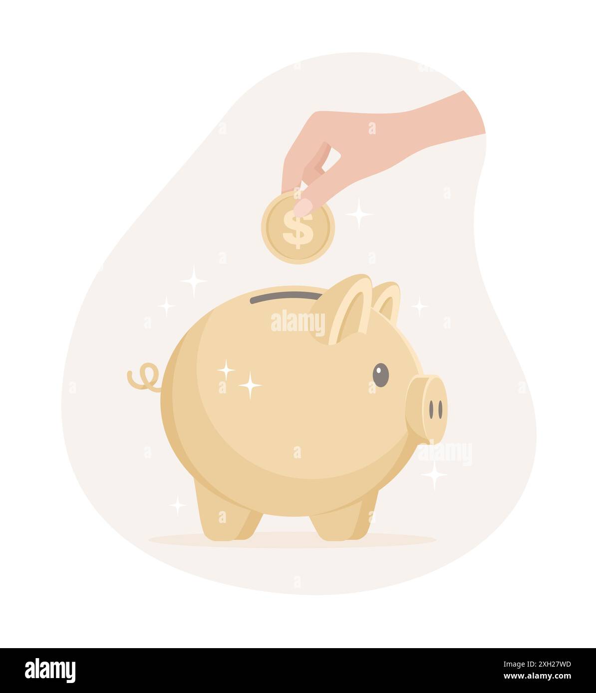 A hand putting a coin into a golden piggy bank. Flat vector ...