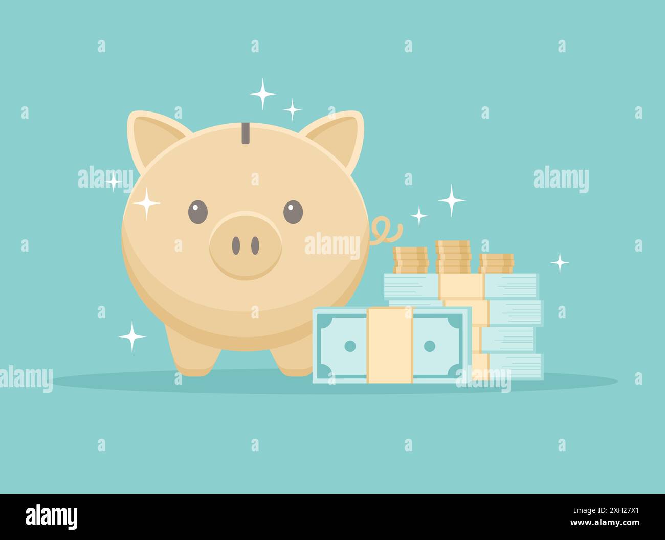 A golden piggy bank with stacks of banknotes and coins on a green ...