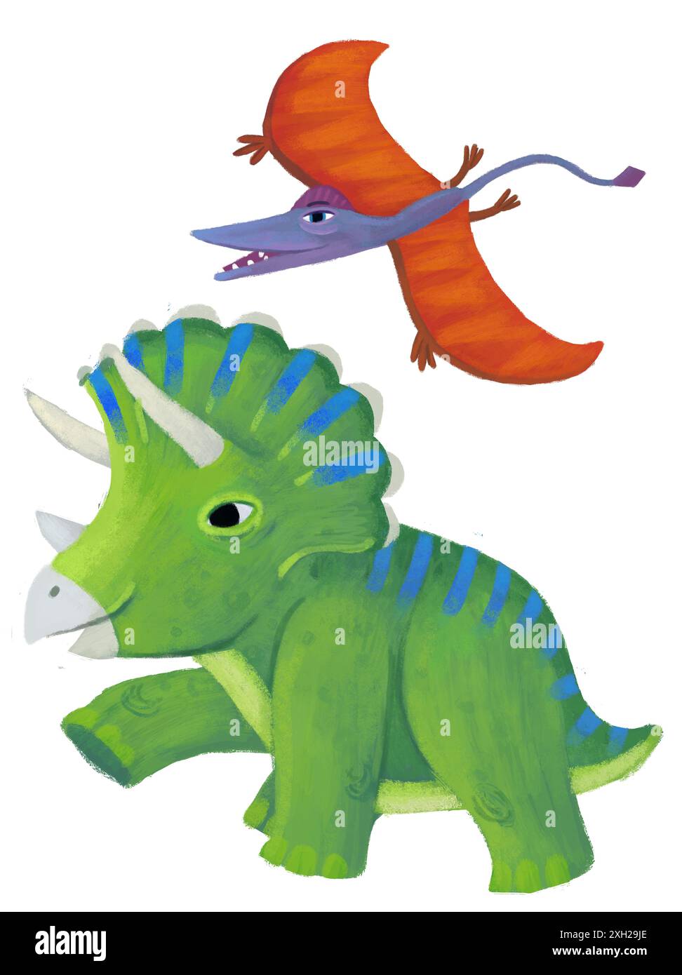 cartoon happy and funny colorful prehistoric dinosaur dino triceratops and quetzalcoatlus pterodactyl rhamphorhynchus bird flying isolated illustratio Stock Photo