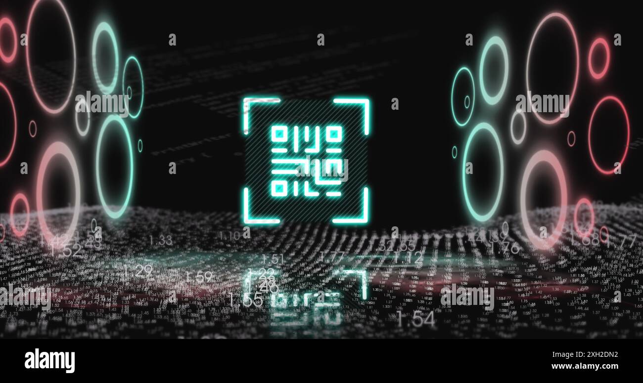 Image of qr code with illuminated circle with numbers, wave pattern, programming language. Digitally generated, hologram, barcode, coding, digits, abs Stock Photo