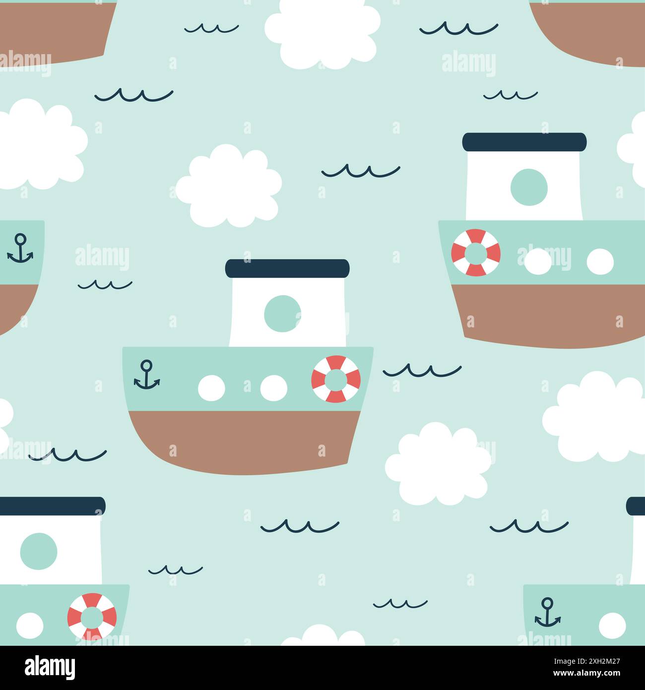 Seamless pattern with cute ship. Sea background with cute ship, clouds ...