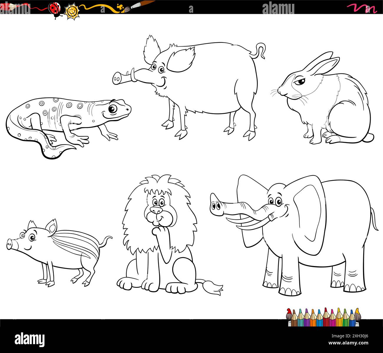 Black and white cartoon illustration of wild animal characters set ...