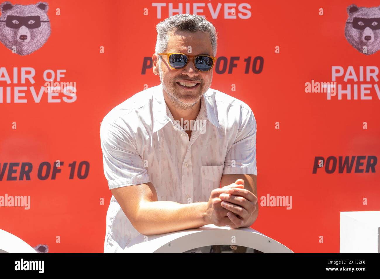 Pair of Thieves Founder Cash Warren attends Power of 10 campaign pop-up at North side of Washington Square Park in New York on July 11, 2024 Stock Photo