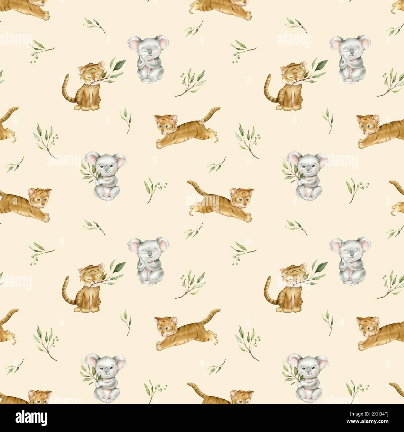 Seamless pattern with green eucalyptus leaves and cute tiger and koala ...