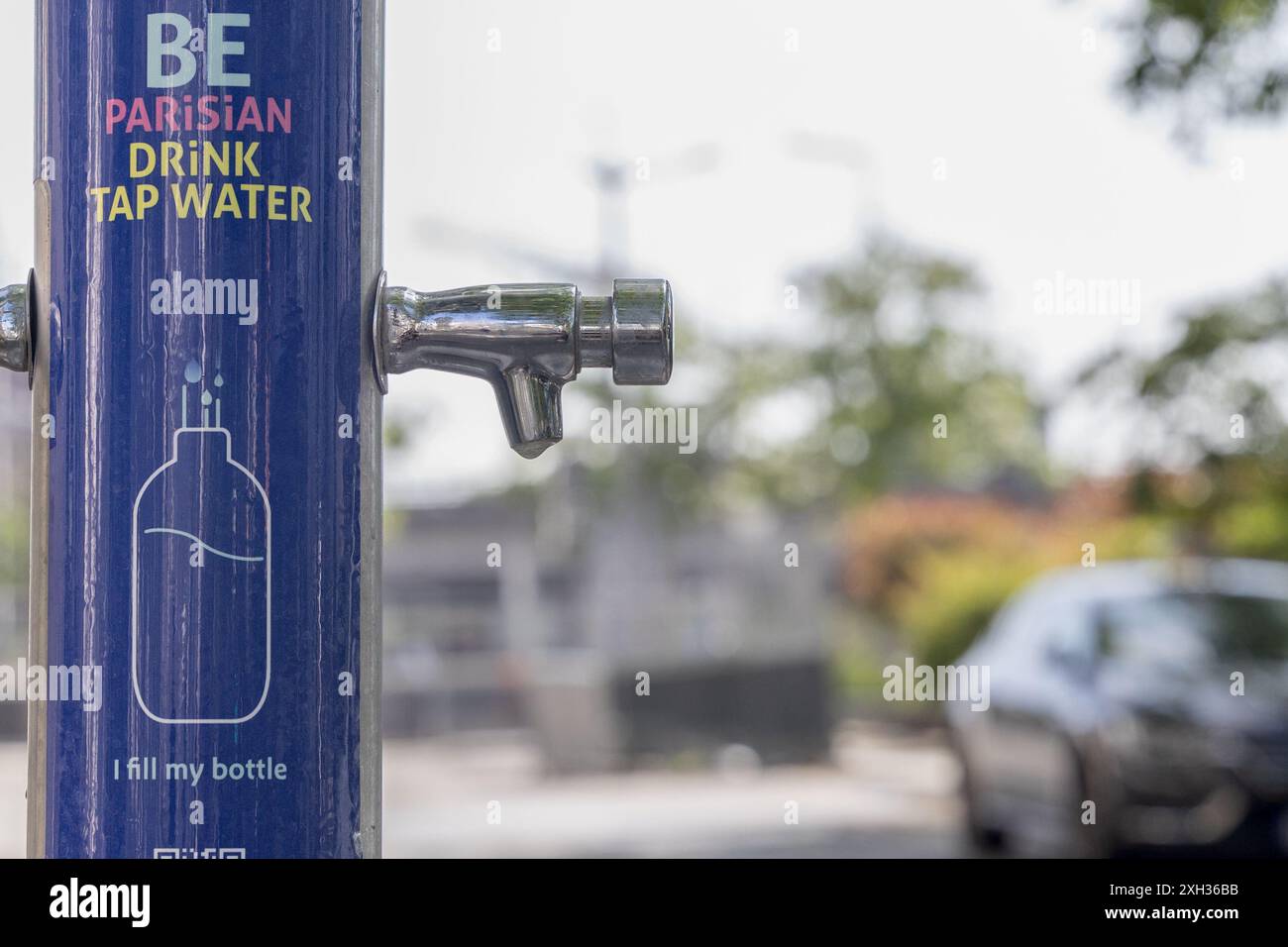 Paris, France June 05 2024 Tap potable drinking water on public street. No visible people