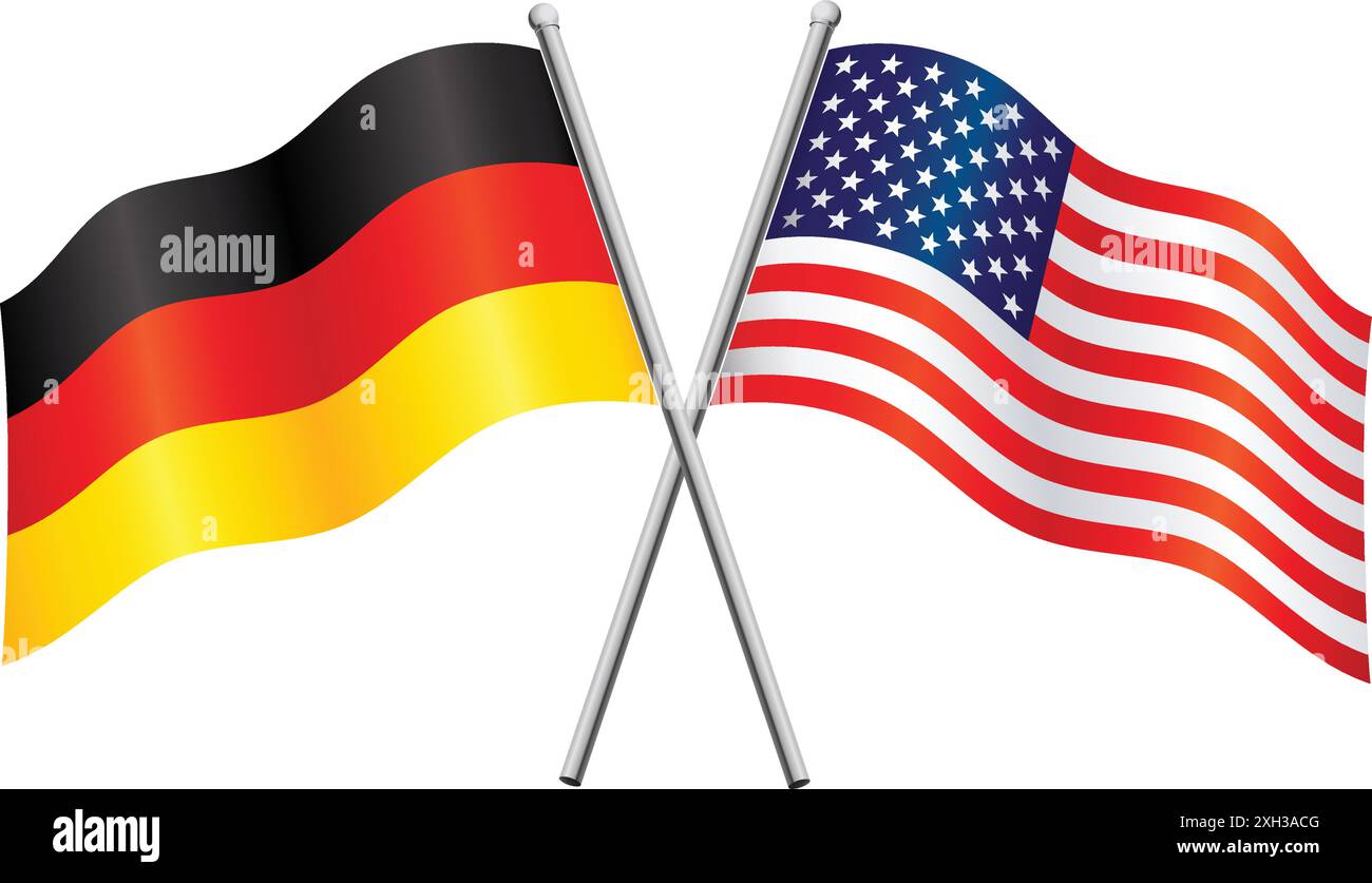 germany and USA american german flags in relationship alliance or versus conflict crossed flagpoles vector isolated on transparent background Stock Vector