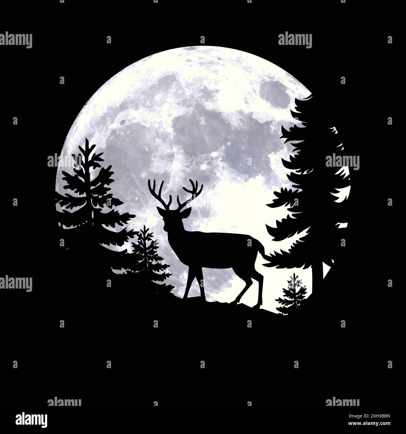 Deer Stag Silhouette By Large Full Moon In Forest Background Vector 