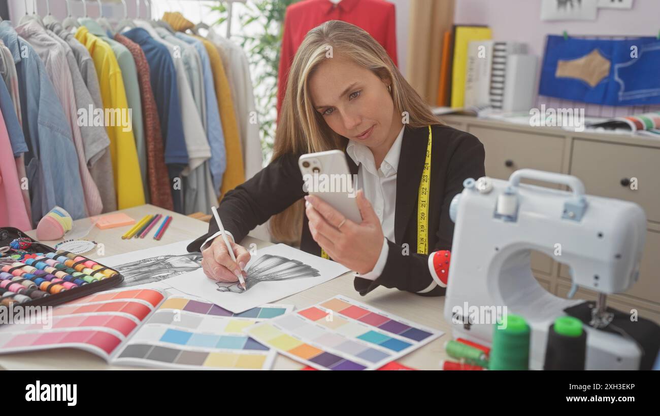 A focused woman fashion designer sketches a dress in her atelier ...