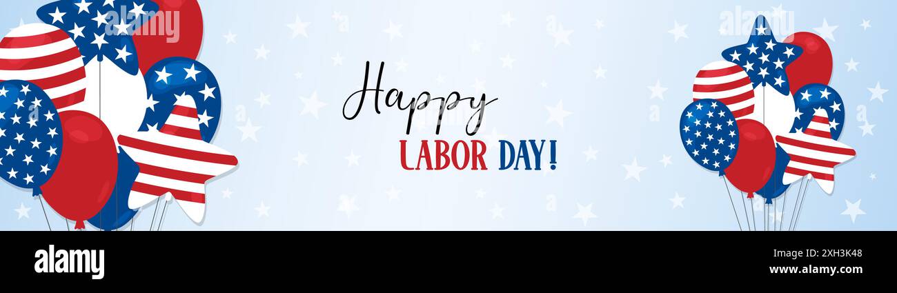 Happy Labor Day web banner. USA Labor Day celebration vector background. Rectangular horizontal banner in American style. Balloons in United States Stock Vector