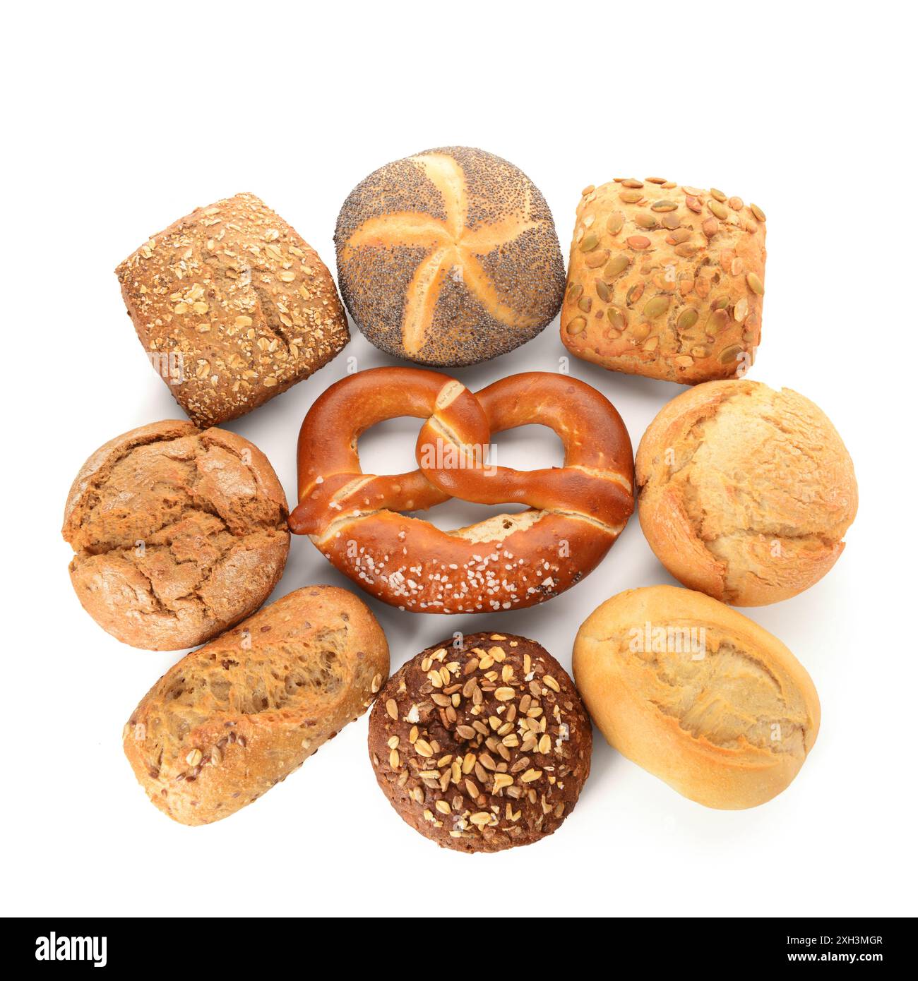 Different delicious buns and pretzel on white background Stock Photo