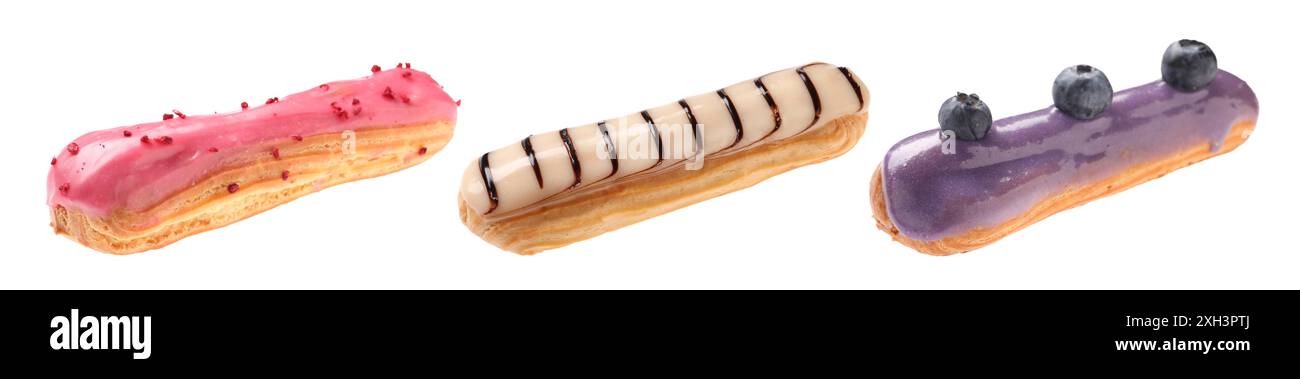 Tasty eclairs with frosting isolated on white, set Stock Photo