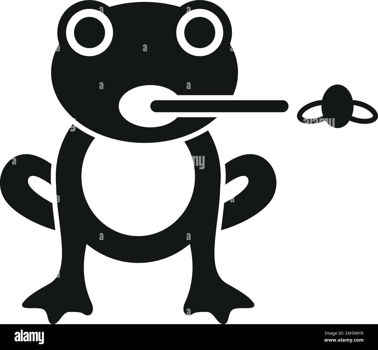 Simple icon of a black frog catching a fly with its tongue Stock Vector