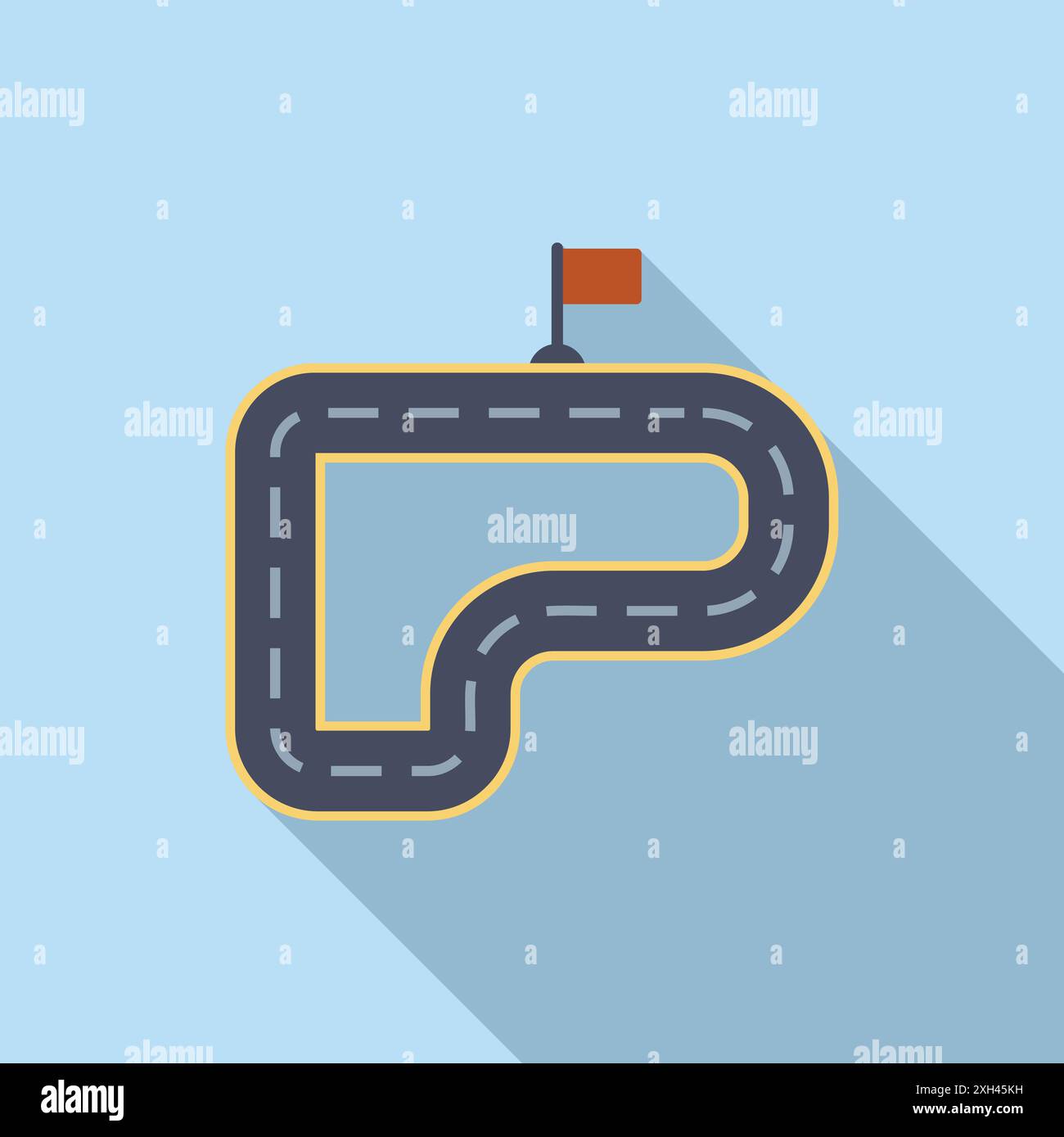 Winding road is leading to a finish line marked by a checkered flag ...