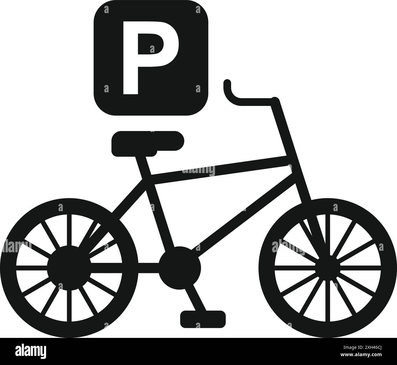 Simple black and white icon depicting a bicycle with a parking sign ...