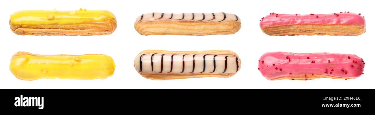Tasty eclairs with frosting isolated on white, set Stock Photo