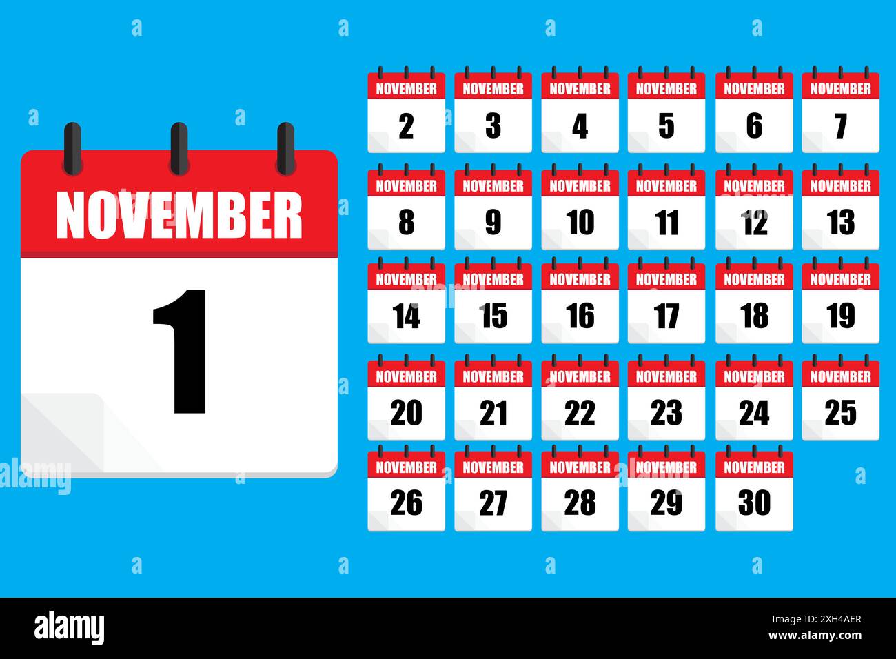 November calendar layout. Numbered dates. Vector icons. Blue background