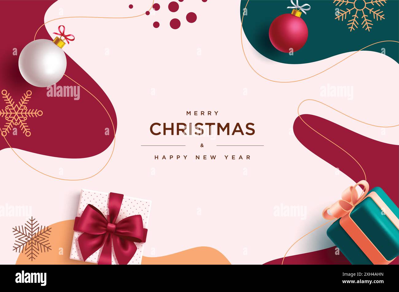 Christmas greeting vector background design. Merry christmas and happy new year text with gift box, xmas balls and snowflakes decoration elements Stock Vector
