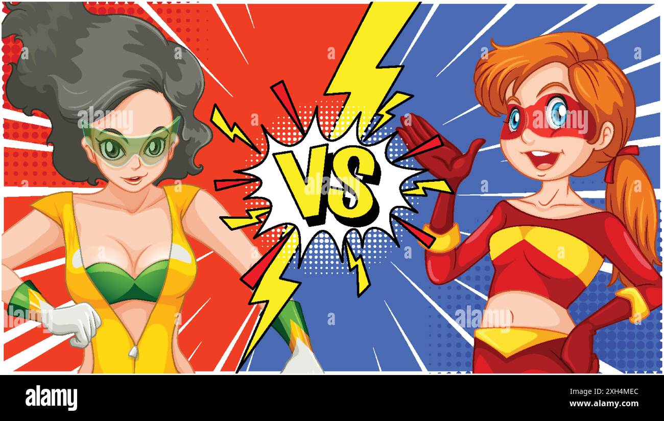Two superheroes face off in a dynamic duel Stock Vector